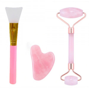 Массажер для лица JADE ROLLER из натурального розового кварца, кисть, Гуаша